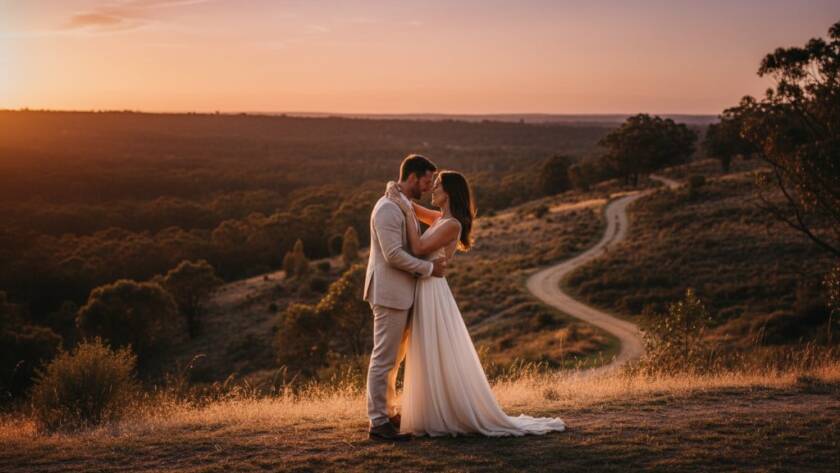 An epic moment from a Langwarrin pre-wedding photography romantic photoshoot, featuring a couple embracing passionately at sunset on a scenic hillside overlooking Langwarrin, dramatic golden hour light silhouetting their joyful expressions and highlighting their elegant attire.