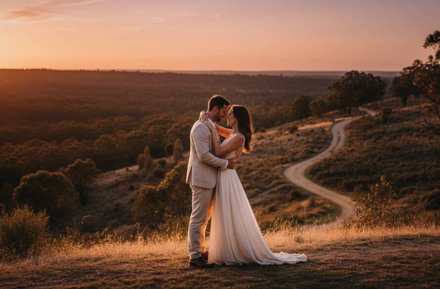 An epic moment from a Langwarrin pre-wedding photography romantic photoshoot, featuring a couple embracing passionately at sunset on a scenic hillside overlooking Langwarrin, dramatic golden hour light silhouetting their joyful expressions and highlighting their elegant attire.
