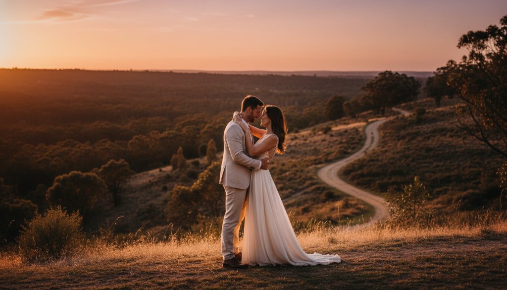 An epic moment from a Langwarrin pre-wedding photography romantic photoshoot, featuring a couple embracing passionately at sunset on a scenic hillside overlooking Langwarrin, dramatic golden hour light silhouetting their joyful expressions and highlighting their elegant attire.