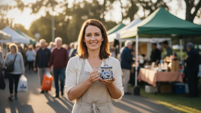An inspiring, cinematic 'epic moment' photograph capturing a Langwarrin small business owner confidently presenting their artisan products at a sun-drenched local market, with vibrant community life in the background, showcasing authentic Langwarrin small business branding photography.