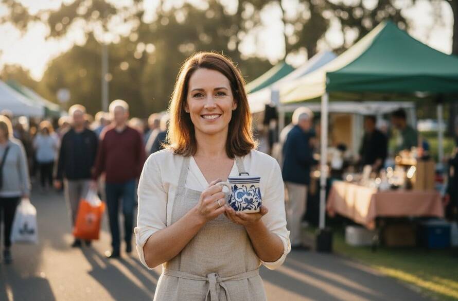 An inspiring, cinematic 'epic moment' photograph capturing a Langwarrin small business owner confidently presenting their artisan products at a sun-drenched local market, with vibrant community life in the background, showcasing authentic Langwarrin small business branding photography.