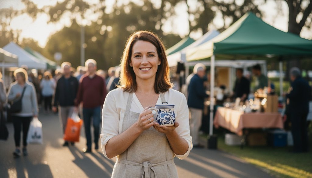An inspiring, cinematic 'epic moment' photograph capturing a Langwarrin small business owner confidently presenting their artisan products at a sun-drenched local market, with vibrant community life in the background, showcasing authentic Langwarrin small business branding photography.
