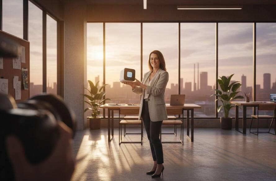Epic moment captured during a **Laverton bespoke branding photography** session, showing a local entrepreneur confidently presenting their unique product amidst the industrial-chic backdrop of Laverton, with dramatic sunset lighting highlighting their professionalism and brand story.