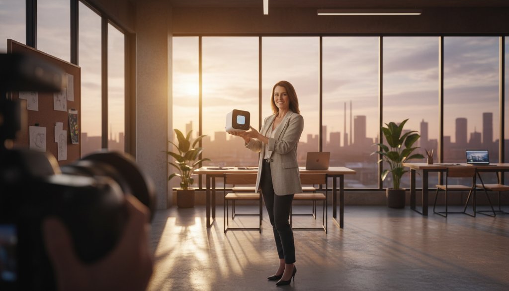 Epic moment captured during a **Laverton bespoke branding photography** session, showing a local entrepreneur confidently presenting their unique product amidst the industrial-chic backdrop of Laverton, with dramatic sunset lighting highlighting their professionalism and brand story.