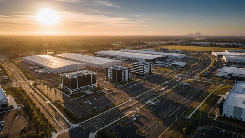 An epic moment captured by Laverton drone photography for industrial site surveys, showing a wide aerial view of a sprawling industrial complex at dawn, with golden light illuminating key structures and a dramatic sky overhead, conveying scale and precision.