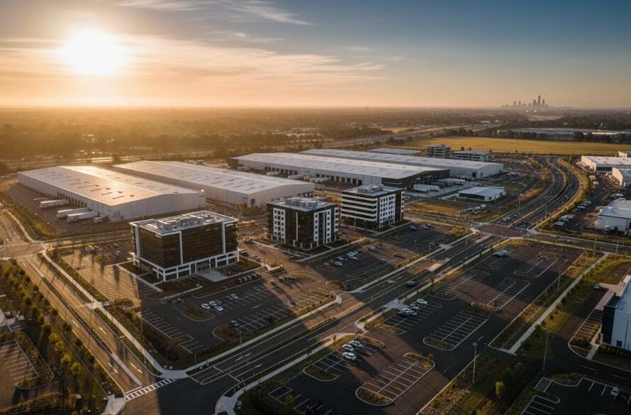 An epic moment captured by Laverton drone photography for industrial site surveys, showing a wide aerial view of a sprawling industrial complex at dawn, with golden light illuminating key structures and a dramatic sky overhead, conveying scale and precision.