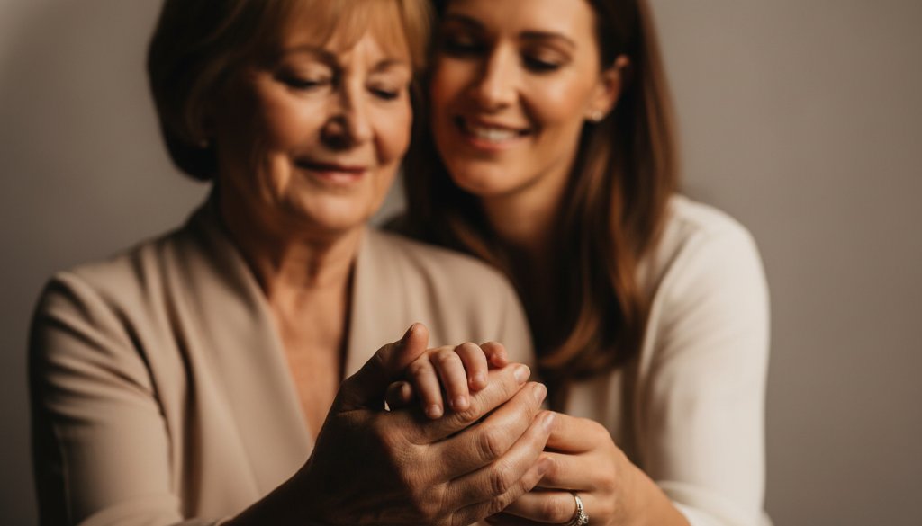 Laverton family studio photography timeless portraits showing an intimate moment between a mother and child in a beautifully lit, modern studio, captured with dramatic lighting and professional colour grading.