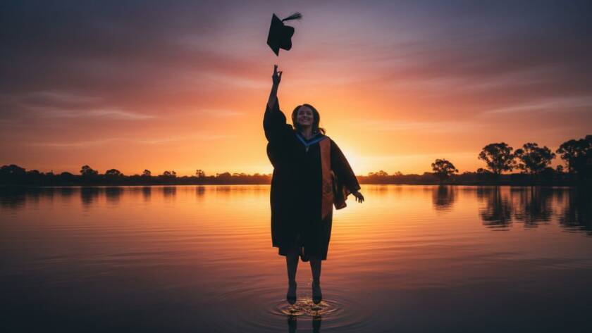 An epic moment captured in Laverton graduation photography memorable moments, showing a proud graduate tossing their cap high against a vibrant sunset sky over a significant Laverton landmark, with dramatic lighting and professional colour grading.