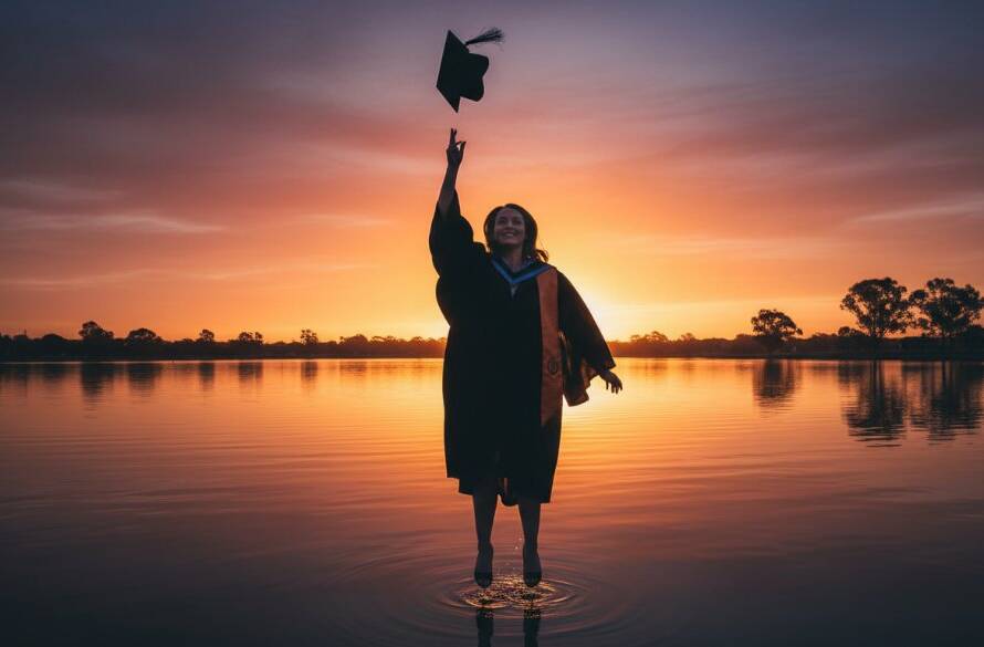 An epic moment captured in Laverton graduation photography memorable moments, showing a proud graduate tossing their cap high against a vibrant sunset sky over a significant Laverton landmark, with dramatic lighting and professional colour grading.
