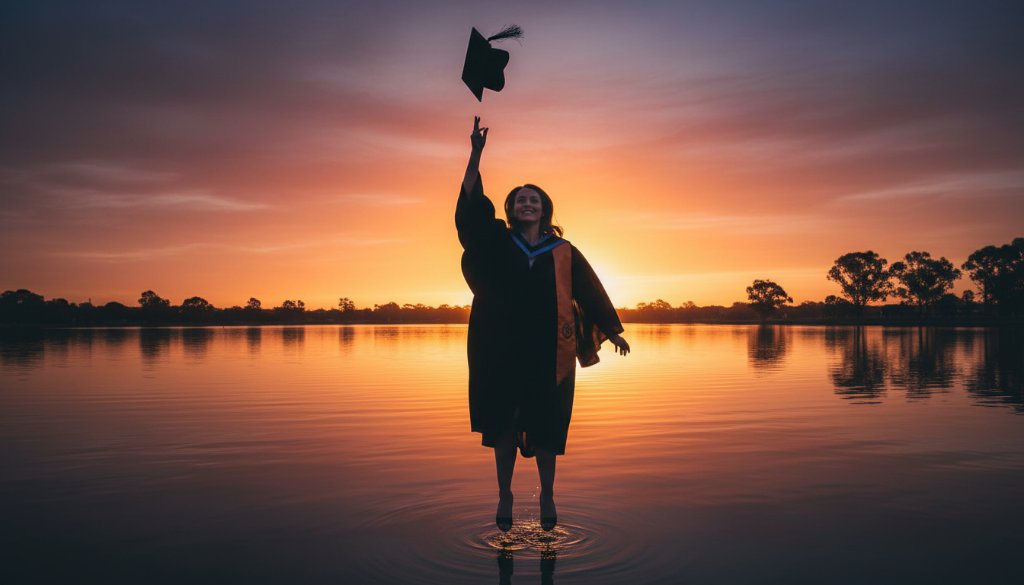An epic moment captured in Laverton graduation photography memorable moments, showing a proud graduate tossing their cap high against a vibrant sunset sky over a significant Laverton landmark, with dramatic lighting and professional colour grading.