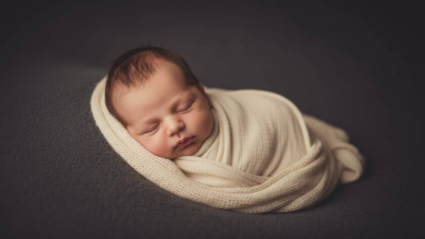 A serene, dramatic close-up capturing Laverton newborn photography gentle artistic portraits, showing a tiny baby's face nestled in soft wraps, bathed in golden light against a soft, ethereal background, conveying immense peace and new beginnings.
