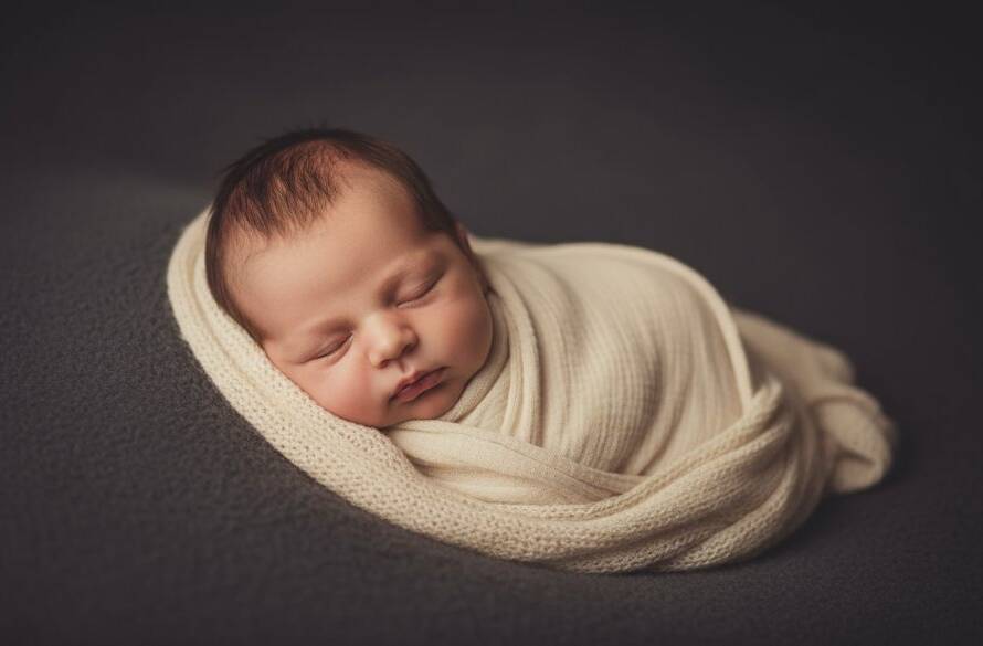 A serene, dramatic close-up capturing Laverton newborn photography gentle artistic portraits, showing a tiny baby's face nestled in soft wraps, bathed in golden light against a soft, ethereal background, conveying immense peace and new beginnings.