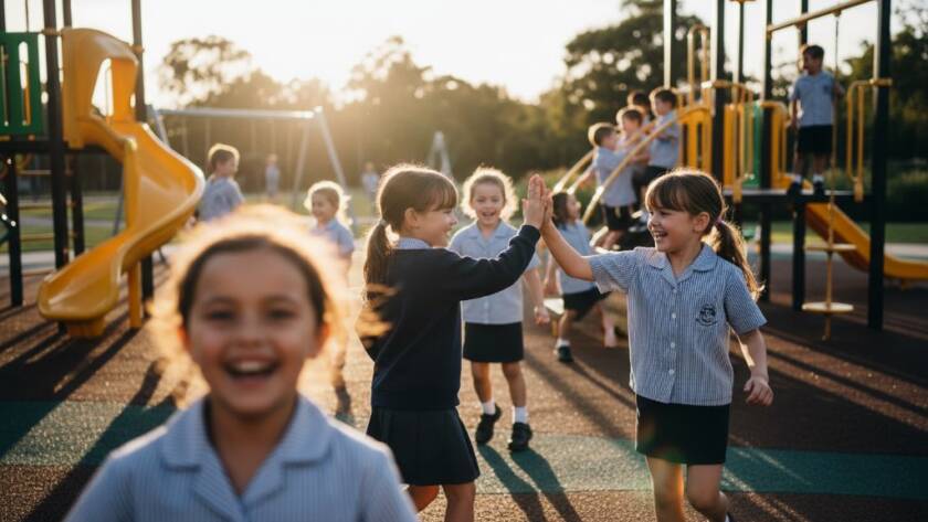 A vibrant and emotionally resonant image showcasing Laverton school photography capturing genuine student joy, with a group of diverse students laughing freely under the golden afternoon sun, their uniforms crisp and expressions full of youthful exuberance, set against the backdrop of a modern school playground in Laverton, Victoria. The scene is professionally lit with dramatic backlighting and features rich, warm colour grading.