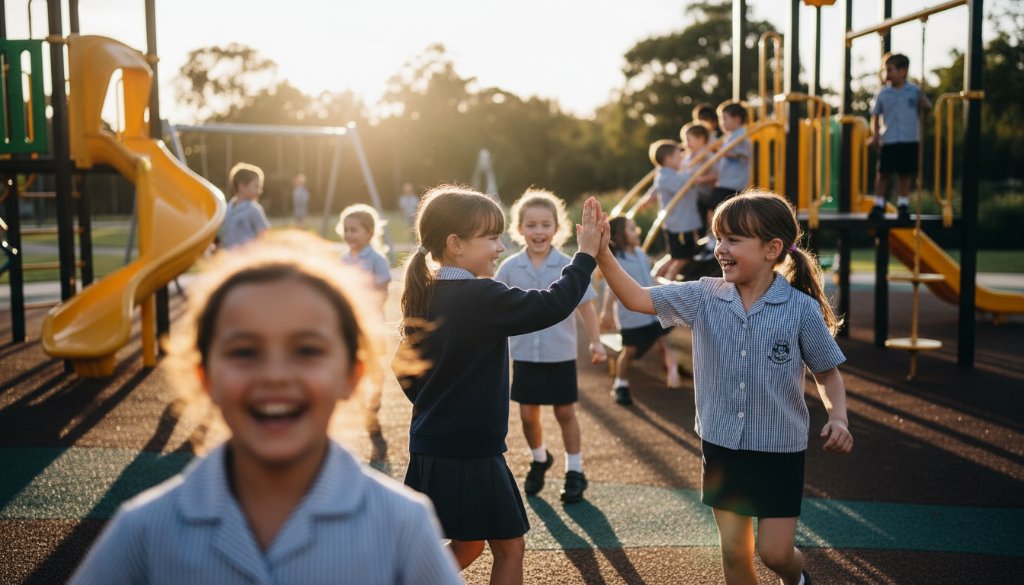 A vibrant and emotionally resonant image showcasing Laverton school photography capturing genuine student joy, with a group of diverse students laughing freely under the golden afternoon sun, their uniforms crisp and expressions full of youthful exuberance, set against the backdrop of a modern school playground in Laverton, Victoria. The scene is professionally lit with dramatic backlighting and features rich, warm colour grading.