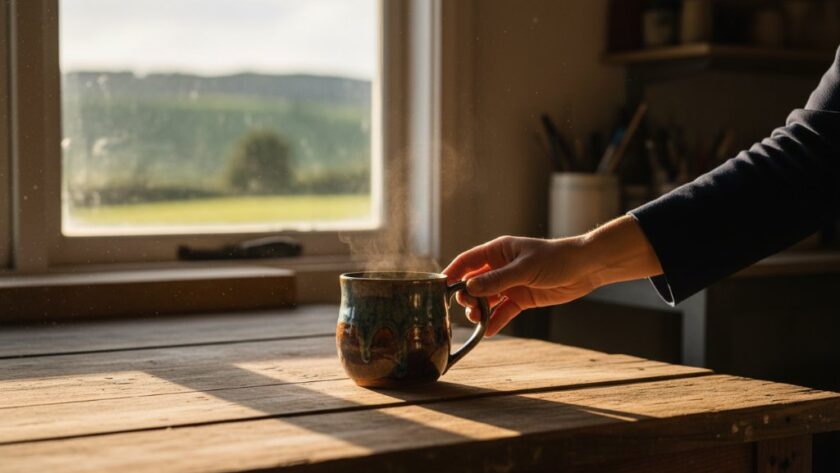 An 'epic moment' style photograph showcasing beautifully arranged Leongatha artisanal products, like handcrafted pottery or gourmet food items, with dramatic backlighting and natural elements in a rustic setting, highlighting their craftsmanship through professional Leongatha artisanal product photography for local makers.