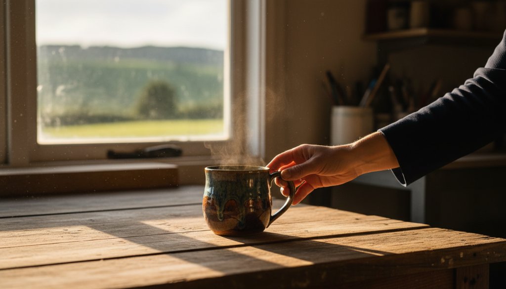 An 'epic moment' style photograph showcasing beautifully arranged Leongatha artisanal products, like handcrafted pottery or gourmet food items, with dramatic backlighting and natural elements in a rustic setting, highlighting their craftsmanship through professional Leongatha artisanal product photography for local makers.