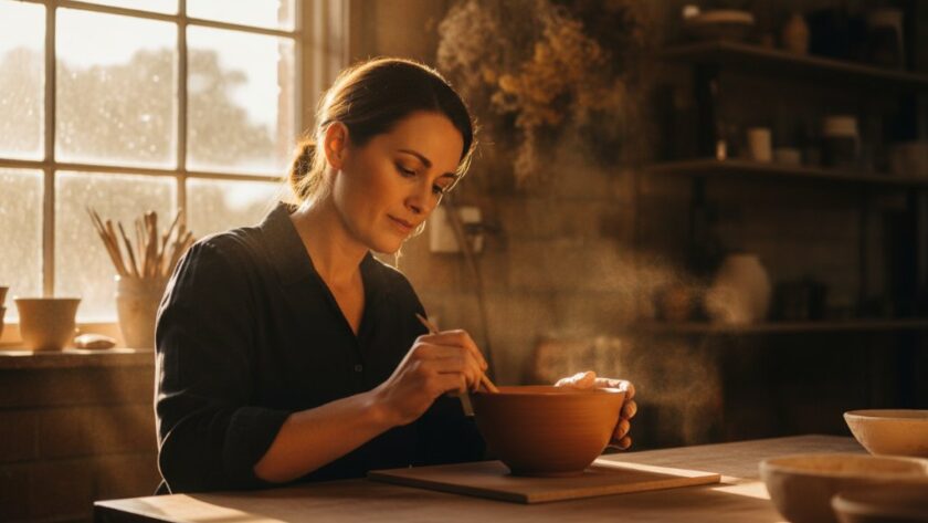 Dynamic Leongatha authentic business branding photography captures a local artisan passionately crafting pottery, bathed in warm, cinematic light, reflecting dedication and skill within their charming Leongatha studio.
