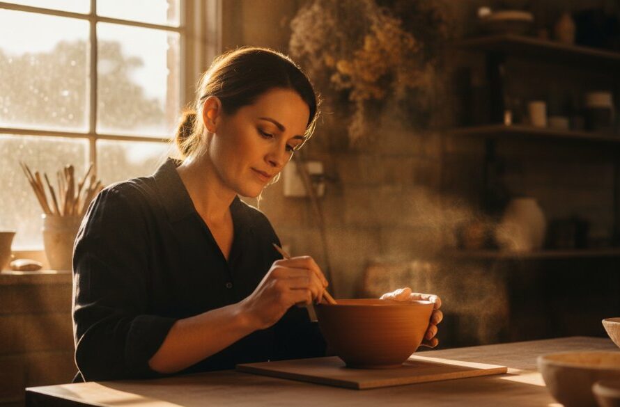 Dynamic Leongatha authentic business branding photography captures a local artisan passionately crafting pottery, bathed in warm, cinematic light, reflecting dedication and skill within their charming Leongatha studio.
