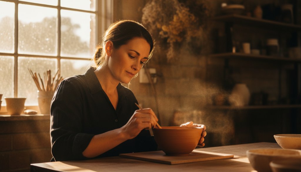 Dynamic Leongatha authentic business branding photography captures a local artisan passionately crafting pottery, bathed in warm, cinematic light, reflecting dedication and skill within their charming Leongatha studio.