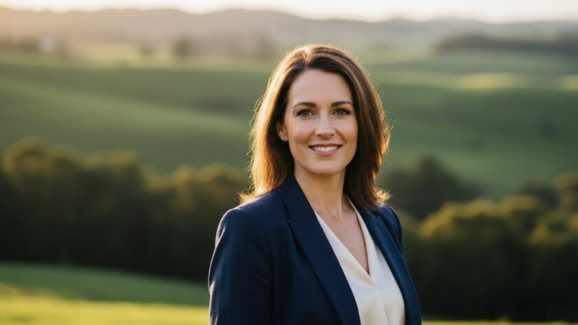 A powerful, cinematic outdoor portrait of a confident professional in Leongatha, Victoria, captured with dramatic natural light, showcasing Leongatha authentic professional headshots Victoria quality. The subject, a male in smart-casual attire, stands against a slightly blurred backdrop of rolling green hills, a subtle nod to the Leongatha region. Golden hour sunlight bathes him, highlighting his determined yet approachable expression. This 'epic moment' shot exemplifies top-tier Leongatha authentic professional headshots Victoria, ideal for LinkedIn or corporate profiles.