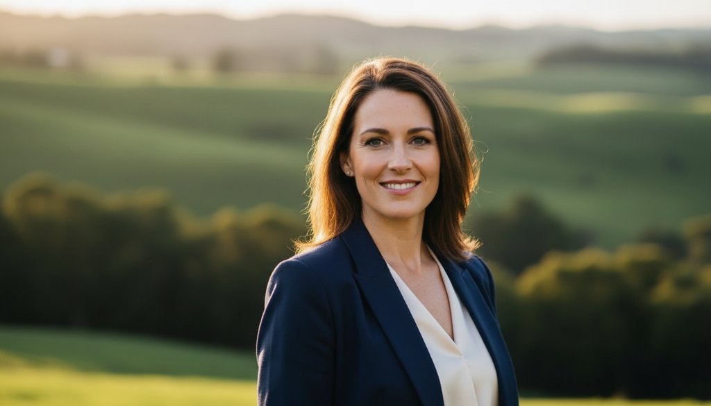 A powerful, cinematic outdoor portrait of a confident professional in Leongatha, Victoria, captured with dramatic natural light, showcasing Leongatha authentic professional headshots Victoria quality. The subject, a male in smart-casual attire, stands against a slightly blurred backdrop of rolling green hills, a subtle nod to the Leongatha region. Golden hour sunlight bathes him, highlighting his determined yet approachable expression. This 'epic moment' shot exemplifies top-tier Leongatha authentic professional headshots Victoria, ideal for LinkedIn or corporate profiles.