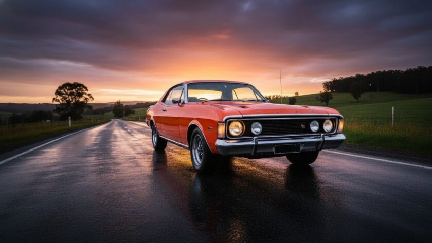 An epic moment in Leongatha automotive photography: A meticulously restored classic muscle car, gleaming under the golden hour light, parked on a winding Victorian country road with rolling green hills and distant gum trees. Professional wide-angle shot with dramatic sky and rich colours.