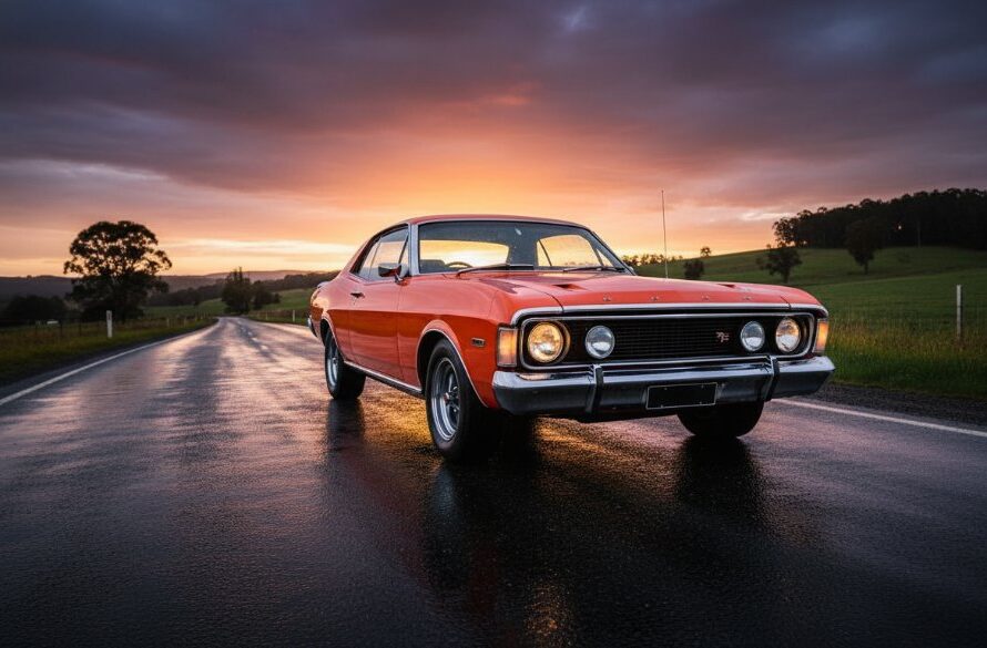 An epic moment in Leongatha automotive photography: A meticulously restored classic muscle car, gleaming under the golden hour light, parked on a winding Victorian country road with rolling green hills and distant gum trees. Professional wide-angle shot with dramatic sky and rich colours.