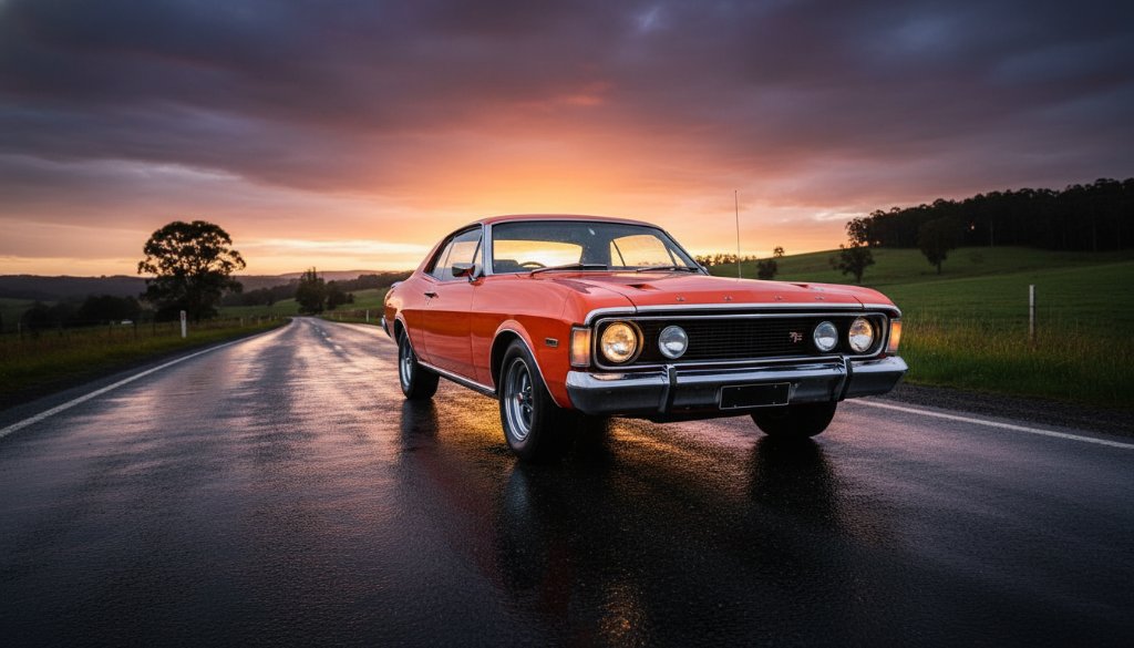 An epic moment in Leongatha automotive photography: A meticulously restored classic muscle car, gleaming under the golden hour light, parked on a winding Victorian country road with rolling green hills and distant gum trees. Professional wide-angle shot with dramatic sky and rich colours.