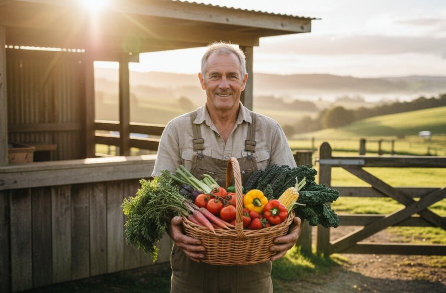 An epic, dramatically lit photograph capturing Leongatha business advertising photography that converts, showing a local artisan proudly showcasing their handcrafted products against a rustic, sun-drenched backdrop in regional Victoria, conveying authenticity and quality.