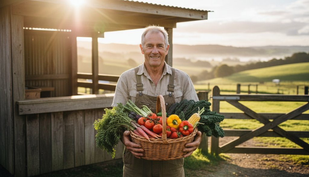 An epic, dramatically lit photograph capturing Leongatha business advertising photography that converts, showing a local artisan proudly showcasing their handcrafted products against a rustic, sun-drenched backdrop in regional Victoria, conveying authenticity and quality.