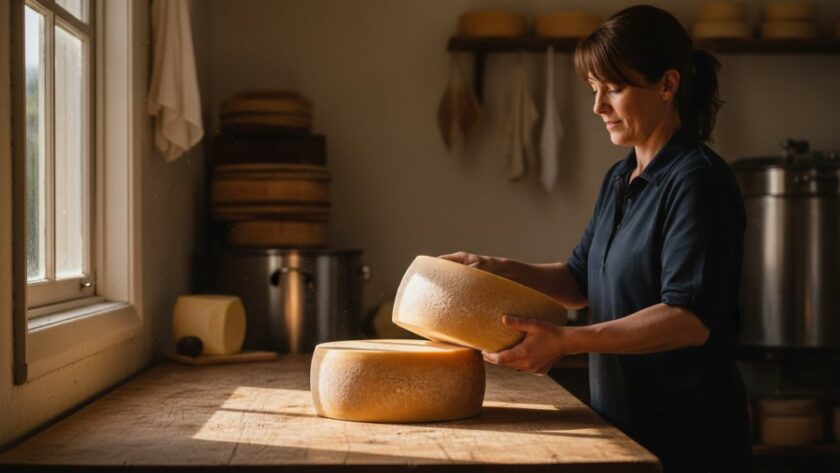 Dramatic shot of an artisanal cheese maker in Leongatha, bathed in warm, soft light, showcasing their craft with intent, illustrating exceptional Leongatha business branding photography for artisanal producers.
