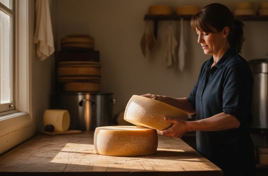 Dramatic shot of an artisanal cheese maker in Leongatha, bathed in warm, soft light, showcasing their craft with intent, illustrating exceptional Leongatha business branding photography for artisanal producers.