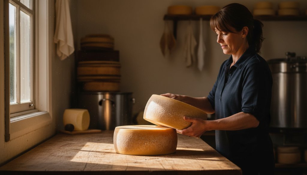 Dramatic shot of an artisanal cheese maker in Leongatha, bathed in warm, soft light, showcasing their craft with intent, illustrating exceptional Leongatha business branding photography for artisanal producers.