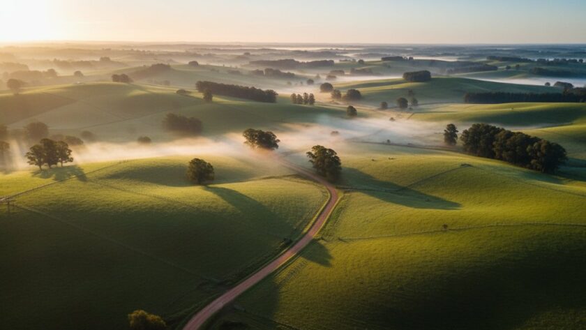 A dramatic aerial shot showcasing the undulating green hills and patchwork fields of rural Leongatha at sunrise, with a mist gently rising from the valleys, captured by Leongatha drone photography rural landscapes Victoria experts. Golden light illuminates a winding country road.