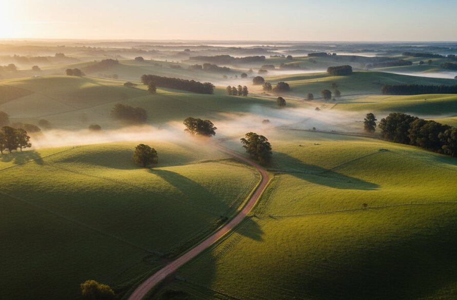 A dramatic aerial shot showcasing the undulating green hills and patchwork fields of rural Leongatha at sunrise, with a mist gently rising from the valleys, captured by Leongatha drone photography rural landscapes Victoria experts. Golden light illuminates a winding country road.