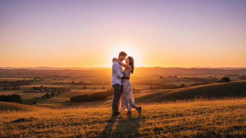 An epic, wide-angle shot of a couple deeply in love, embracing on a picturesque hill overlooking Leongatha at sunset, their silhouettes framed by the vibrant orange and purple sky, showcasing the magic of Leongatha engagement photography capturing genuine love.