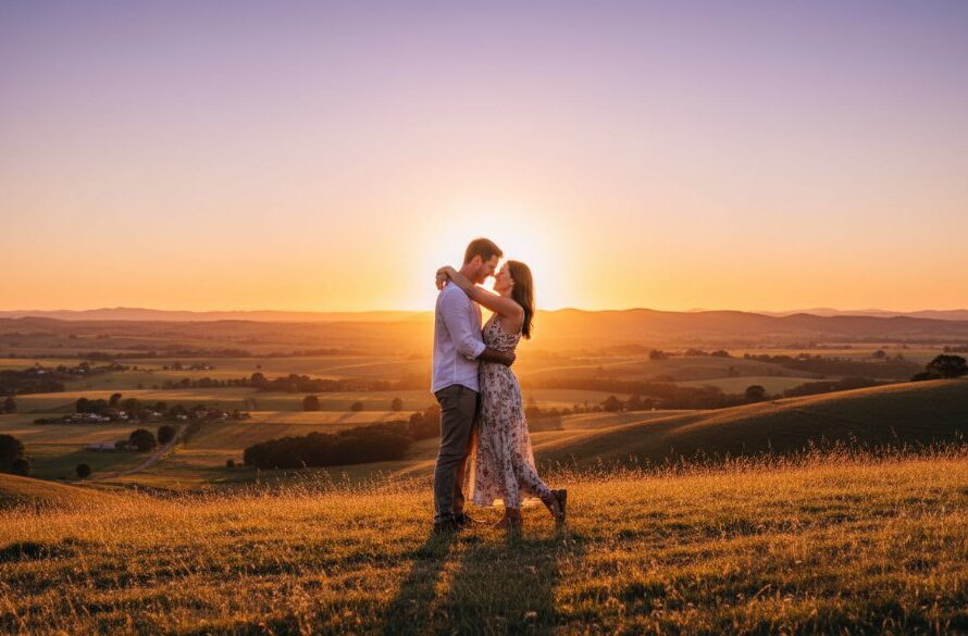 An epic, wide-angle shot of a couple deeply in love, embracing on a picturesque hill overlooking Leongatha at sunset, their silhouettes framed by the vibrant orange and purple sky, showcasing the magic of Leongatha engagement photography capturing genuine love.