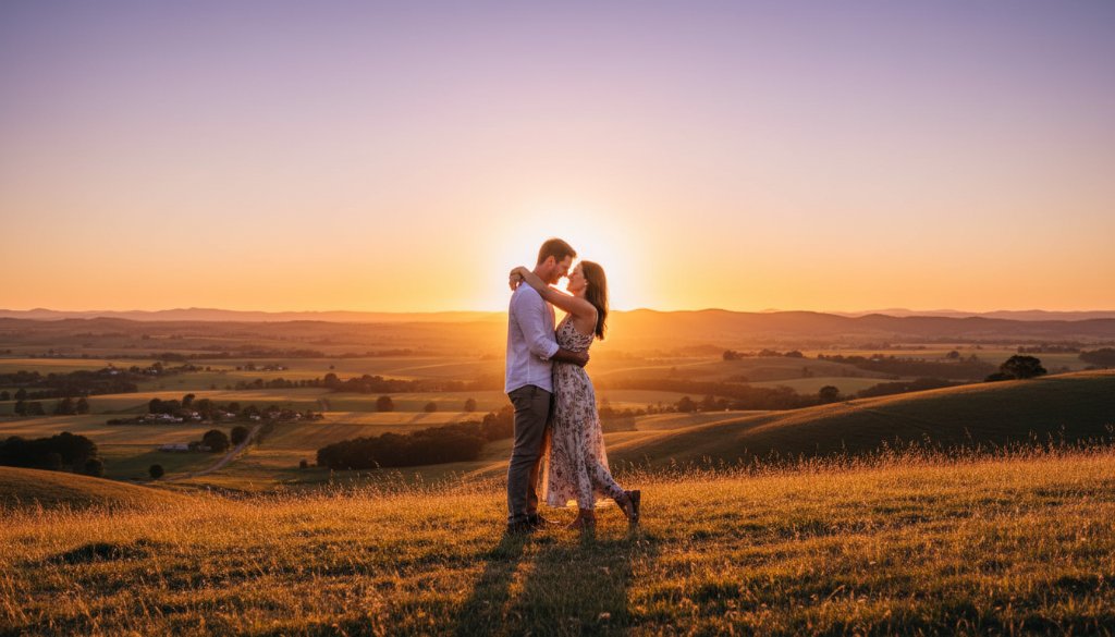 An epic, wide-angle shot of a couple deeply in love, embracing on a picturesque hill overlooking Leongatha at sunset, their silhouettes framed by the vibrant orange and purple sky, showcasing the magic of Leongatha engagement photography capturing genuine love.
