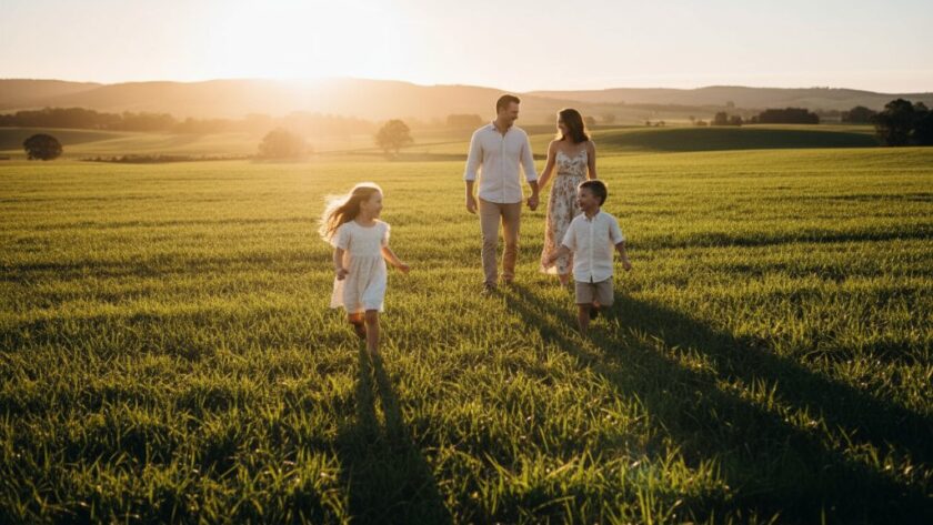 An epic moment of a Leongatha family photography capturing genuine moments, with parents laughing as their child runs through a sun-drenched field near Leongatha, professional colour grading.