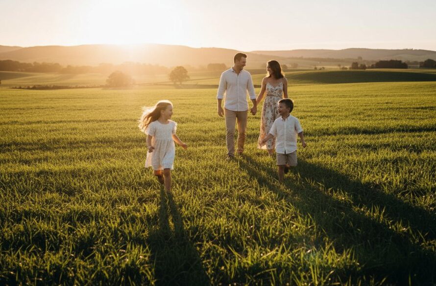 An epic moment of a Leongatha family photography capturing genuine moments, with parents laughing as their child runs through a sun-drenched field near Leongatha, professional colour grading.
