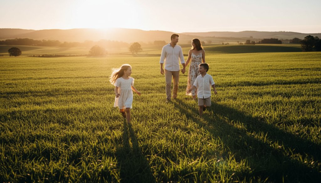 An epic moment of a Leongatha family photography capturing genuine moments, with parents laughing as their child runs through a sun-drenched field near Leongatha, professional colour grading.