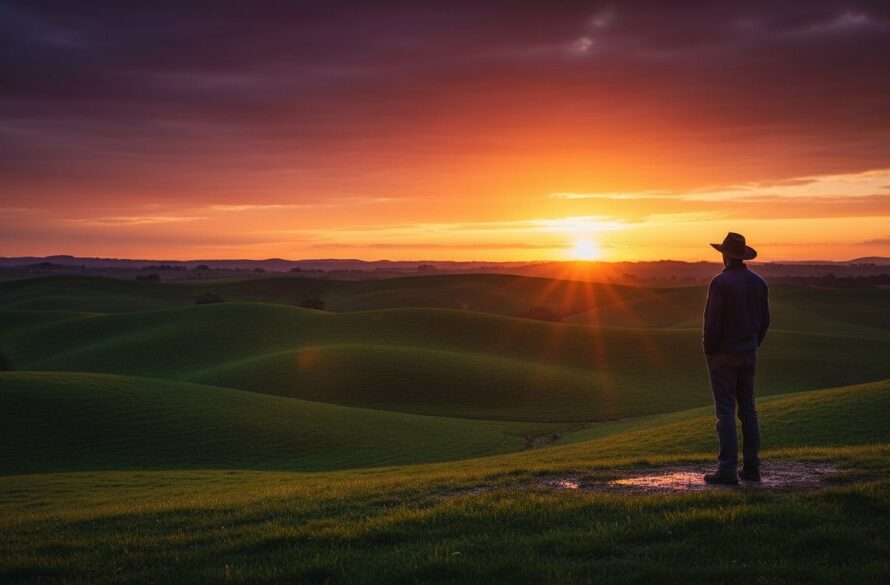 An epic moment of Leongatha Fine Art Photography Storytelling, featuring a lone figure silhouetted against a dramatic sunset over rolling South Gippsland hills, evoking a powerful sense of connection to the landscape.