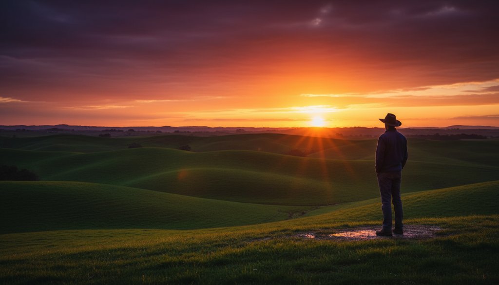 An epic moment of Leongatha Fine Art Photography Storytelling, featuring a lone figure silhouetted against a dramatic sunset over rolling South Gippsland hills, evoking a powerful sense of connection to the landscape.
