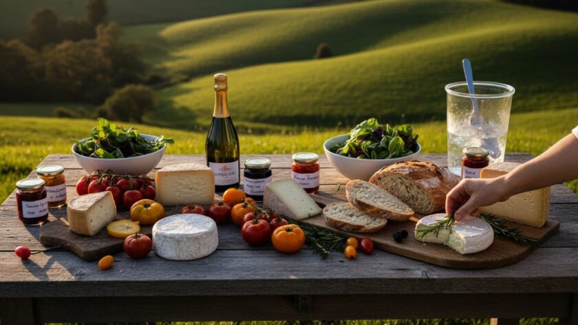Dramatic overhead shot capturing a beautifully styled rustic wooden table laden with fresh Leongatha gourmet produce photography elements like artisan cheeses, crusty bread, colourful heirloom vegetables, and local wine, bathed in warm, natural light streaming through a window, highlighting textures and rich colours.