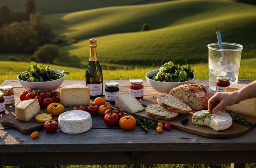 Dramatic overhead shot capturing a beautifully styled rustic wooden table laden with fresh Leongatha gourmet produce photography elements like artisan cheeses, crusty bread, colourful heirloom vegetables, and local wine, bathed in warm, natural light streaming through a window, highlighting textures and rich colours.