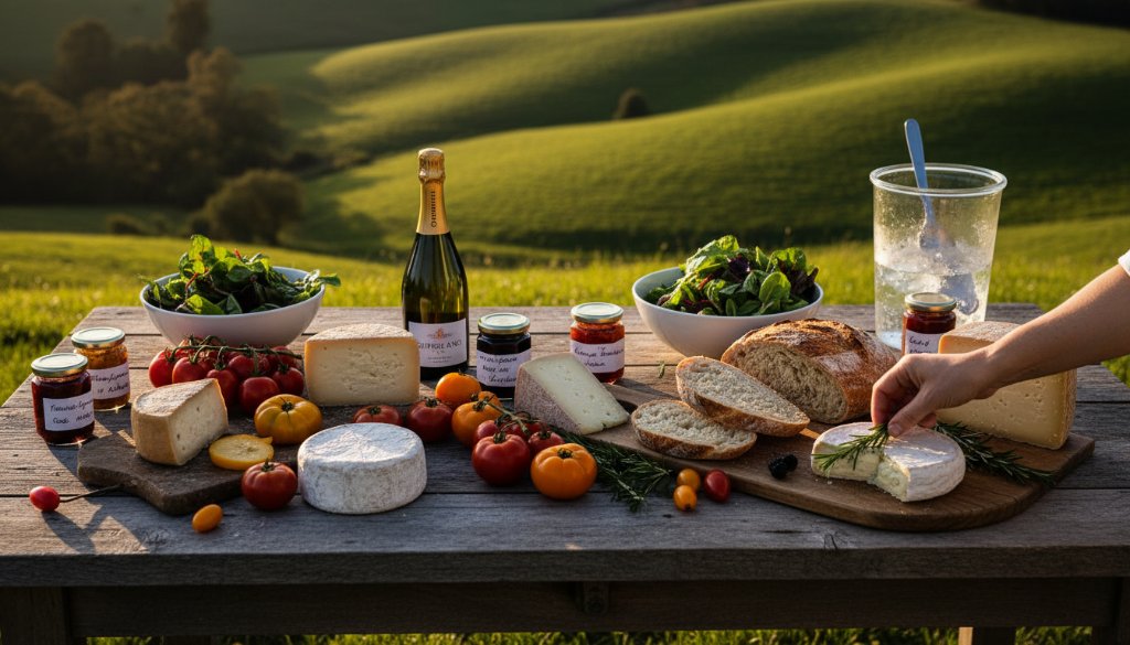 Dramatic overhead shot capturing a beautifully styled rustic wooden table laden with fresh Leongatha gourmet produce photography elements like artisan cheeses, crusty bread, colourful heirloom vegetables, and local wine, bathed in warm, natural light streaming through a window, highlighting textures and rich colours.