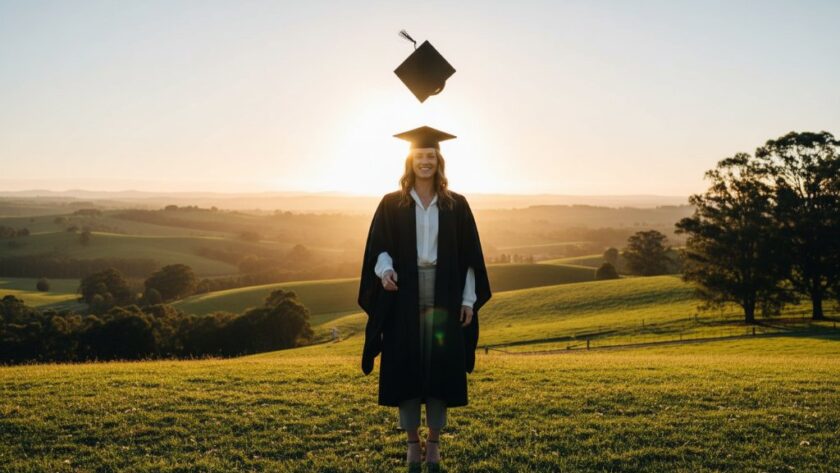 A joyous Leongatha graduation photography capturing genuine joy, showing a graduate in academic regalia, cap thrown high against a dramatic sunset over rolling South Gippsland hills, celebrating with genuine happiness and a radiant smile, expertly composed with cinematic lighting.