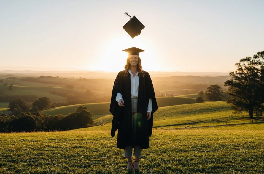 A joyous Leongatha graduation photography capturing genuine joy, showing a graduate in academic regalia, cap thrown high against a dramatic sunset over rolling South Gippsland hills, celebrating with genuine happiness and a radiant smile, expertly composed with cinematic lighting.