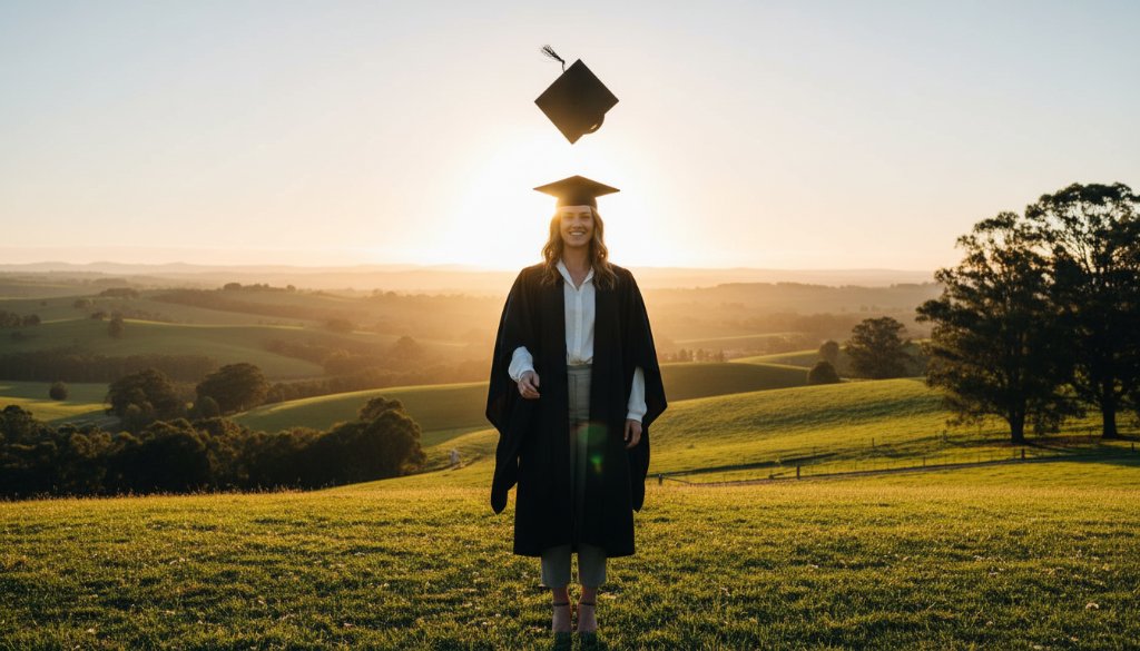 A joyous Leongatha graduation photography capturing genuine joy, showing a graduate in academic regalia, cap thrown high against a dramatic sunset over rolling South Gippsland hills, celebrating with genuine happiness and a radiant smile, expertly composed with cinematic lighting.