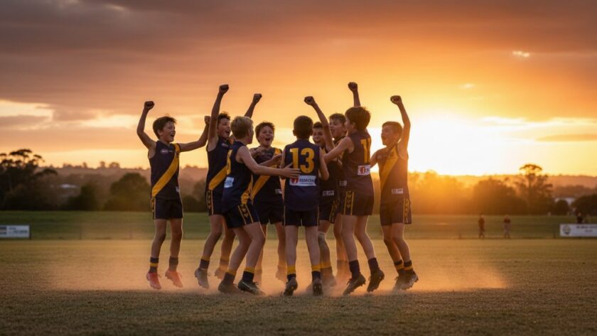 Dynamic wide-angle photograph capturing the winning goal celebration at a Leongatha junior football grand final photography match, with players in team colours embracing under dramatic sunset light, showing pure joy and triumph on the Leongatha Recreation Reserve oval.